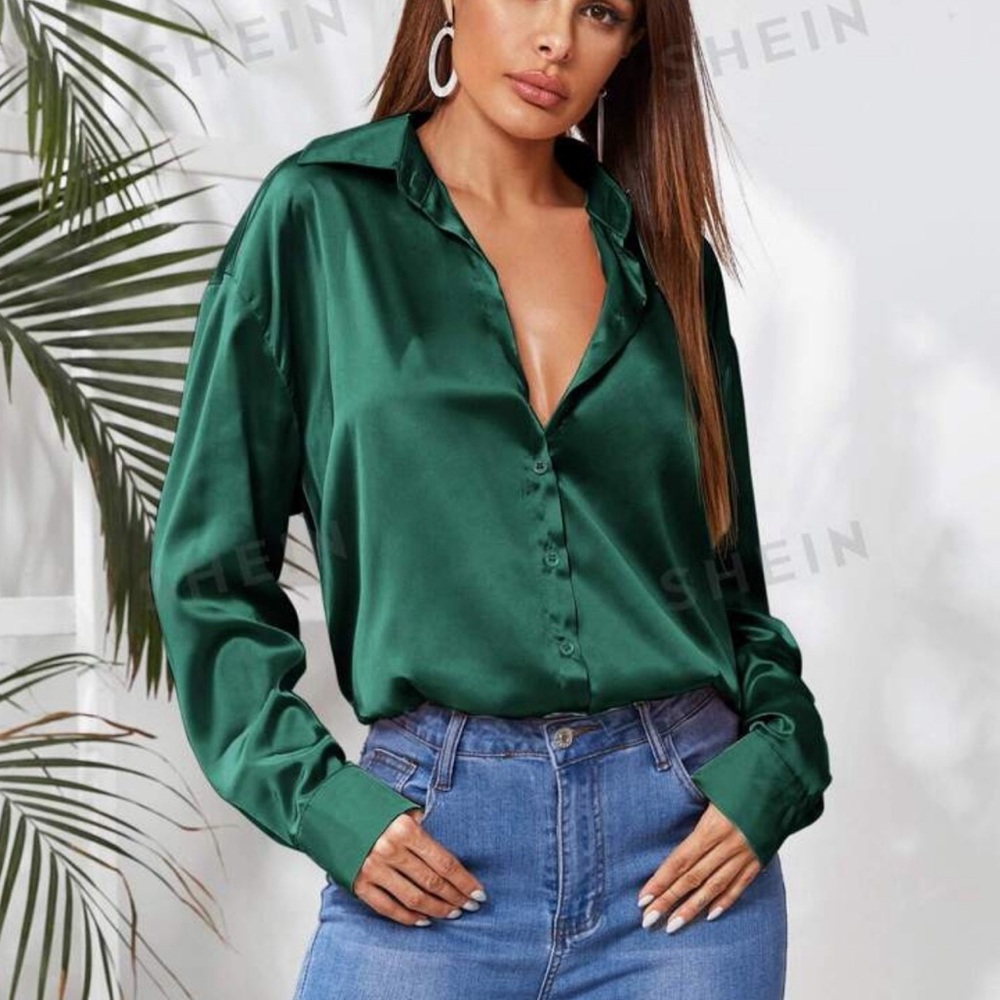 Shein Women’s Green Classic Solid Button Through … - image 3
